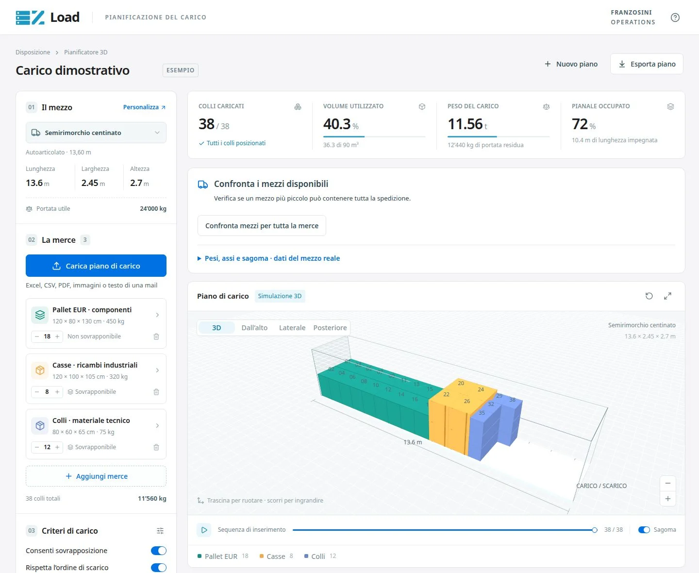 Vista del configuratore EZ Load con colli disposti in un mezzo di trasporto