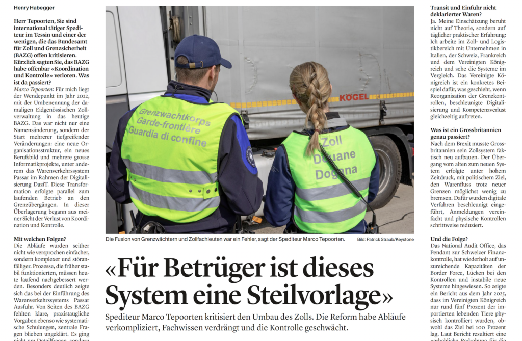 Marco Tepoorten, titolare della Franzosini SA di Chiasso, spedizioniere internazionale e critico della riforma doganale svizzera UDSC/BAZG — intervista CH Media, febbraio 2026. Foto: Patrick Straub/Keystone.